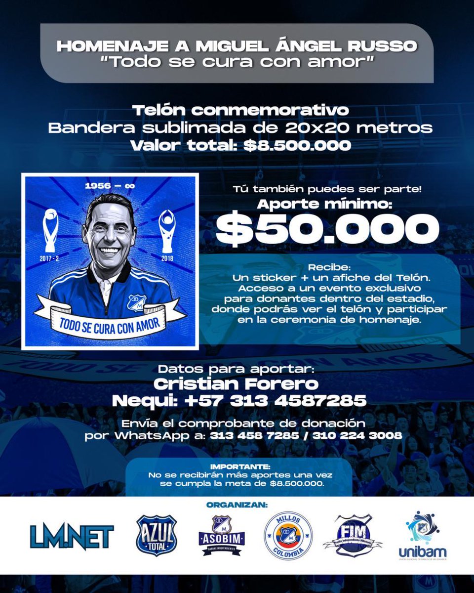 Este telón será el reflejo de nuestro amor incondicional por Russo. Cada metro, cada color, será un pedazo de nuestra historia con él. Si quieres ser parte de este tributo y ayudarnos a lograrlo, puedes apoyar. 
¡Juntos, por nuestra leyenda!