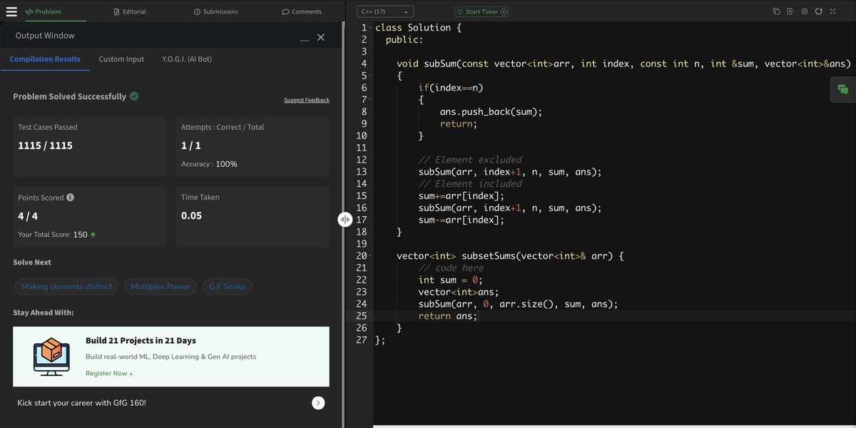 HarshJain_Coder's tweet image. 💫 Recursion × Subset Magic
day 49 – #100DaysOfCode
subsets & their sums recursion se generate karna sikha 🔁
logic simple tha: lena hai ya nahi lena 👀
HW:
• subset sums
• print subset + sum
• perfect sum (TLE on last 2 😭 tried zero freq optimization but still stuck 💀)