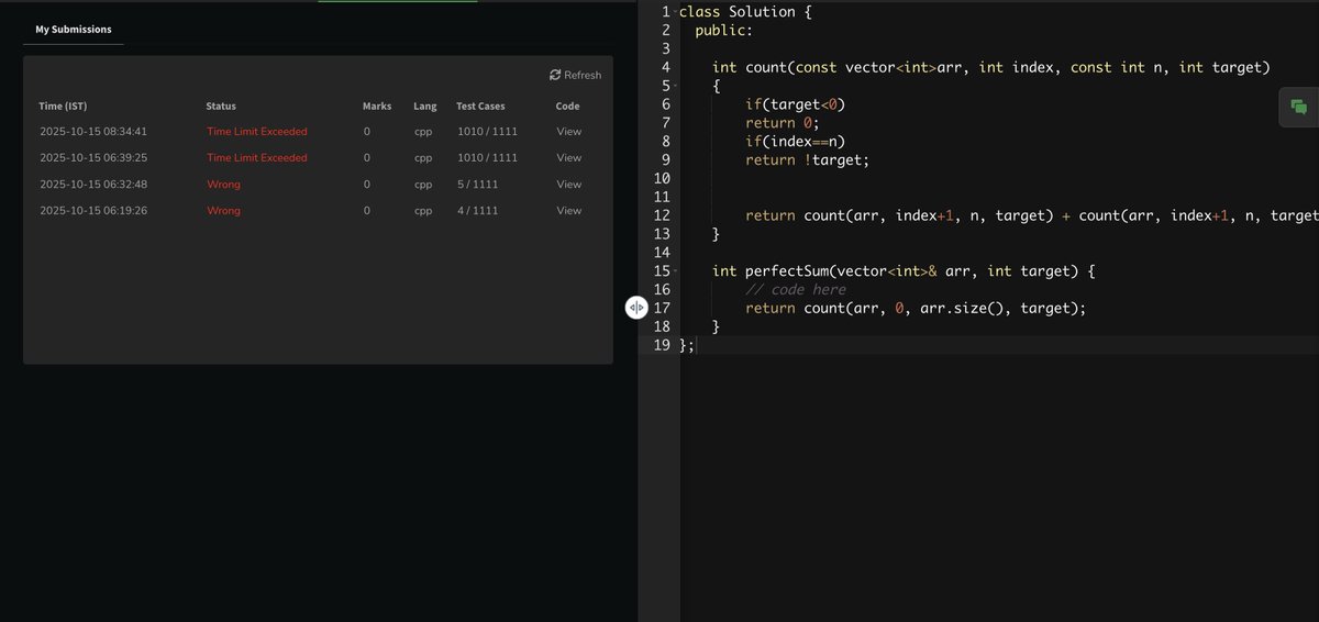 HarshJain_Coder's tweet image. 💫 Recursion × Subset Magic
day 49 – #100DaysOfCode
subsets & their sums recursion se generate karna sikha 🔁
logic simple tha: lena hai ya nahi lena 👀
HW:
• subset sums
• print subset + sum
• perfect sum (TLE on last 2 😭 tried zero freq optimization but still stuck 💀)