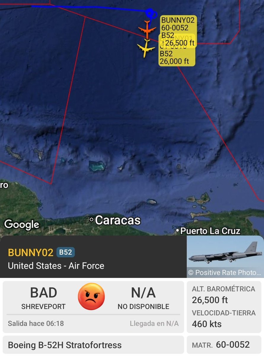 Arr3ch0's tweet photo. 2 x B-52 sobrevolando FIR Maiquetía en dirección Sur. 
BUNNY01 61-0010
BUNNY02 60-0052 https://t.co/XN5hIoO99Y