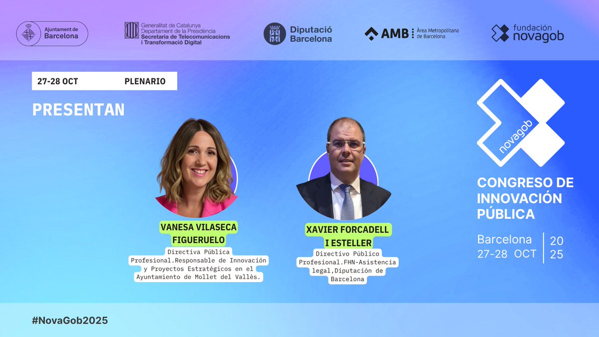 🎤 Presentan y conducen el Plenario en #NovaGob2025:

✨ <a href="/vanesavilaseca/">Vanesa Vilaseca</a> , Directiva Pública Profesional <a href="/ajmollet/">Ajuntament de Mollet del Vallès</a>
✨ <a href="/xavforcadell/">xavier forcadell i esteller</a> , Directivo Público Profesional, FHN-Asistencia legal <a href="/diba/">Diputació de Barcelona</a>  

🔗 congreso.novagob.org
