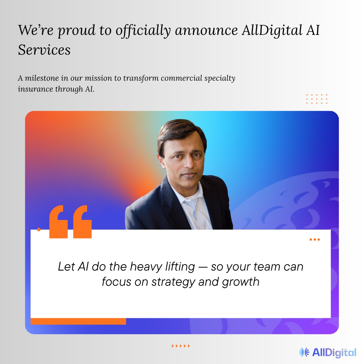 AllDigital_AI's tweet photo. We’re proud to launch AllDigital AI Services 🚀

Let AI handle the heavy lifting so underwriting teams can focus on strategy, relationships, and growth. 💡

Built to work with people, not replace them. 🤝

#AllDigitalAI #InsurTech #InsuranceInnovation https://t.co/41HiuTD561