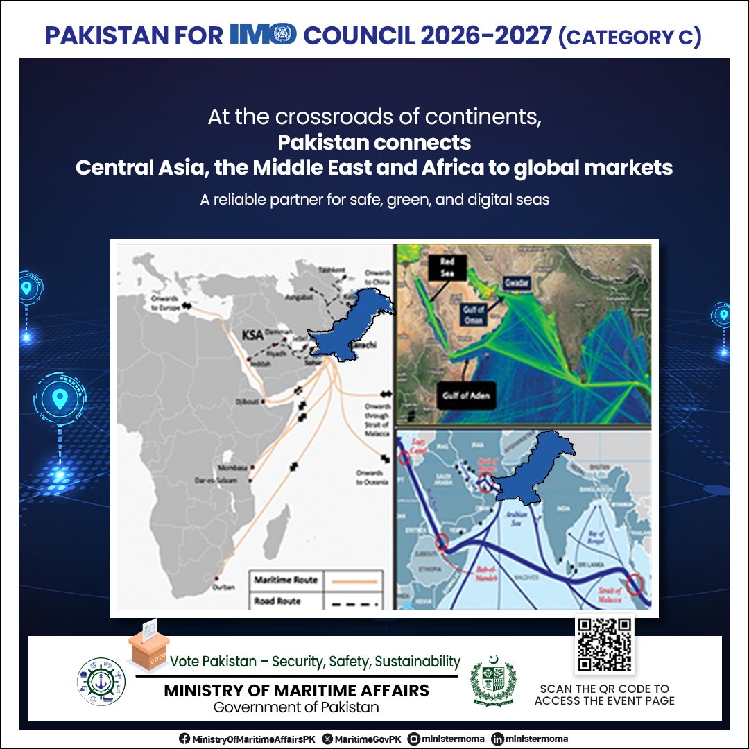 Positioned at the heart of global trade routes, Pakistan bridges Central Asia, the Middle East &amp; Africa — advancing safe, green &amp; digital seas.
🗳️ Vote Pakistan for IMO Council Category C (2026–27)
<a href="/official_kpt/">Karachi Port Trust Official</a> <a href="/PnscOffical/">PNSC</a> <a href="/QasimPort/">PortQasimOfficial</a> <a href="/port_gwadar/">Gwadar Port Official</a>  #VotePakistanForIMO