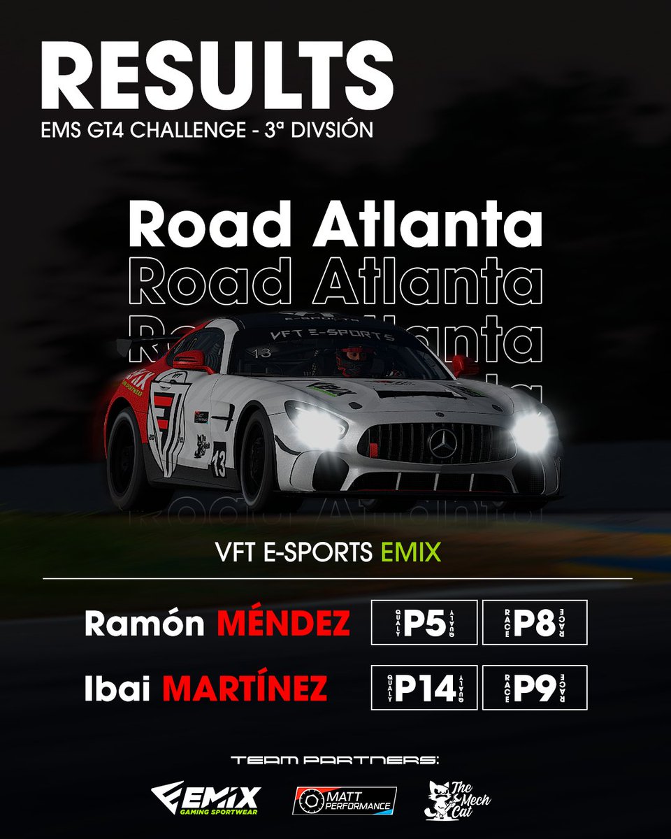 📊EMS GT4 Challenge  - 3ᵃ División Results    
Estos son los resultados de nuestros chicos en Road Atlanta!    
#GOVFT