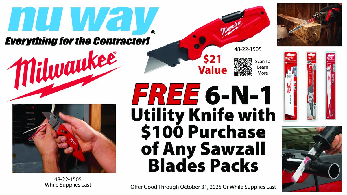 Get more cut for your cash with this promotion! For a limited time, purchase $100 or more in Milwaukee Sawzall blade packages, you’ll get a FREE Milwaukee 6-in-1 Utility Knife —the perfect sidekick for any jobsite.
#nuwayinc #nuwayrents #nuwayfab #everythingforthecontractor