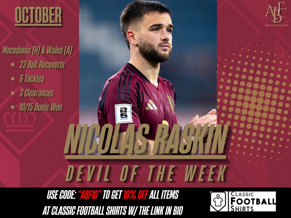 BelgianFans's tweet photo. 🗳️| [ABF Devil of the Week] 

October 2025

🇧🇪🏅Nicolas Raskin (198 votes - 67%) https://t.co/L0dpFaplWL