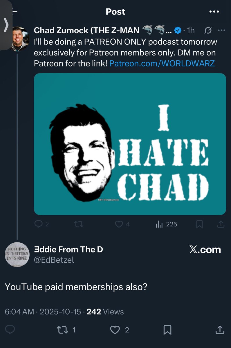 Chad BoozeMock (@chadboozemock) on Twitter photo If anyone has <a href="/chadzumock/">Chad Zumock (THE Z-MAN 🦈🦈🦈)</a> Patreon that can rip or get me this episode it would be much appreciated🫡 DM me if wanting to stay anonymous🤙 I would pay Chad. It he has mentioned how he can get personal info from Patreon payments so can’t support him there.
Thanks🫡 If anyone has <a href="/chadzumock/">Chad Zumock (THE Z-MAN 🦈🦈🦈)</a> Patreon that can rip or get me this episode it would be much appreciated🫡 DM me if wanting to stay anonymous🤙 I would pay Chad. It he has mentioned how he can get personal info from Patreon payments so can’t support him there.
Thanks🫡