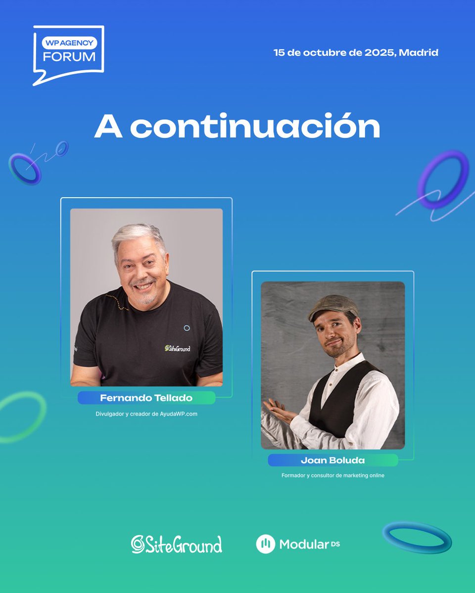 ModularDS's tweet image. A continuación, @fernandot se subirá en un rato al escenario pero sin @joanboluda, que no ha podido venir por un problema de salud 💜
¡Mejórate pronto!
#WPAgencyForum