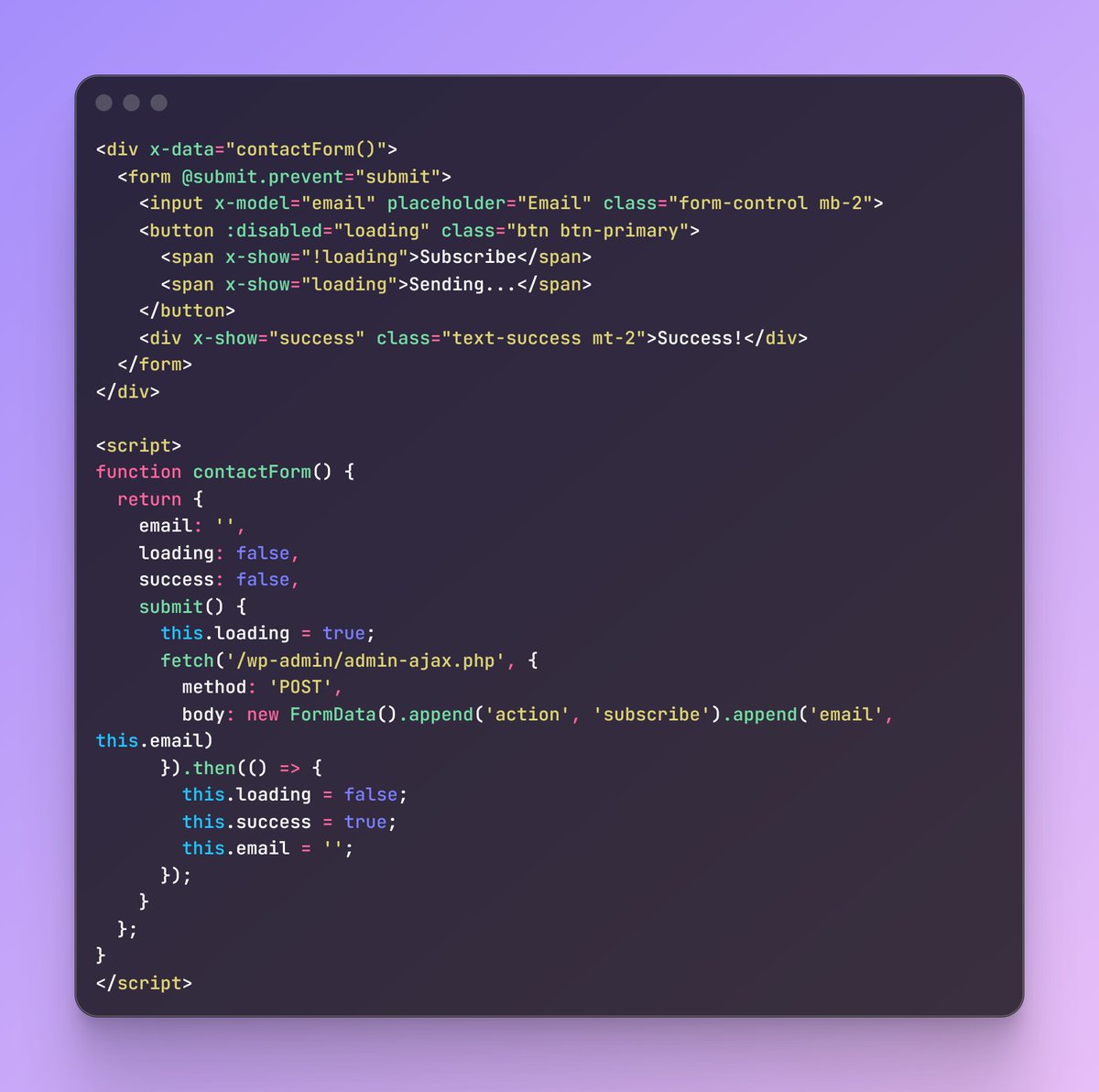 CSDevAr's tweet image. I tell you, I absolutely adore this toolset and pattern, be it WordPress, Codeigniter or whatever (in fact I found out about Alpine in a revealing Laravel tutorial). For UI updates? Essential. Vue inspired, super clear and encapsulated.