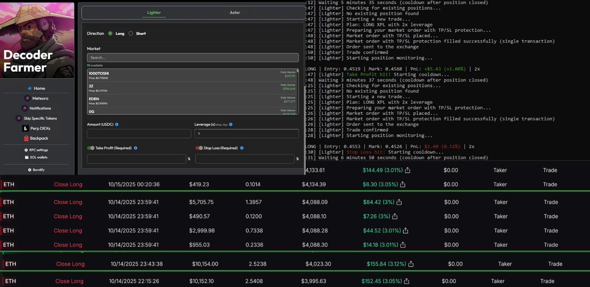 SOL_Decoder's tweet image. Our very own @Lighter_xyz farmer is now LIVE! 🧑🌾
One of the best perps dexes to farm, with 0 fees.
And now we've got it automated for you with dynamic list of pairs to choose from (highest points yielding) and SL/TP features integrated, with delta neutral coming 🔜 😇
Requires…