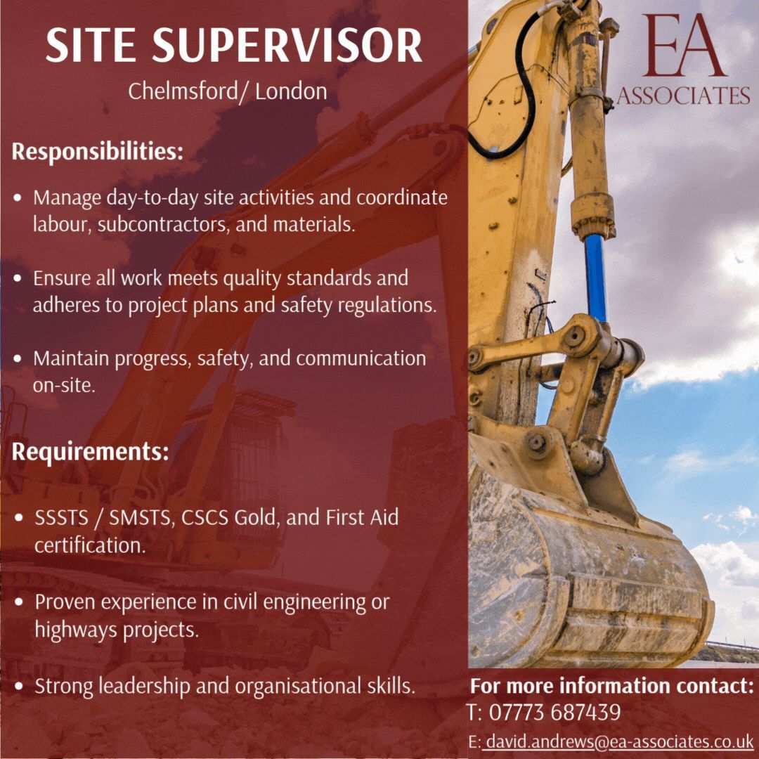 New Site Supervisor position available!!

For more information, please contact David Andrews:

07773 687439
david.andrews@ea-associates.co.uk