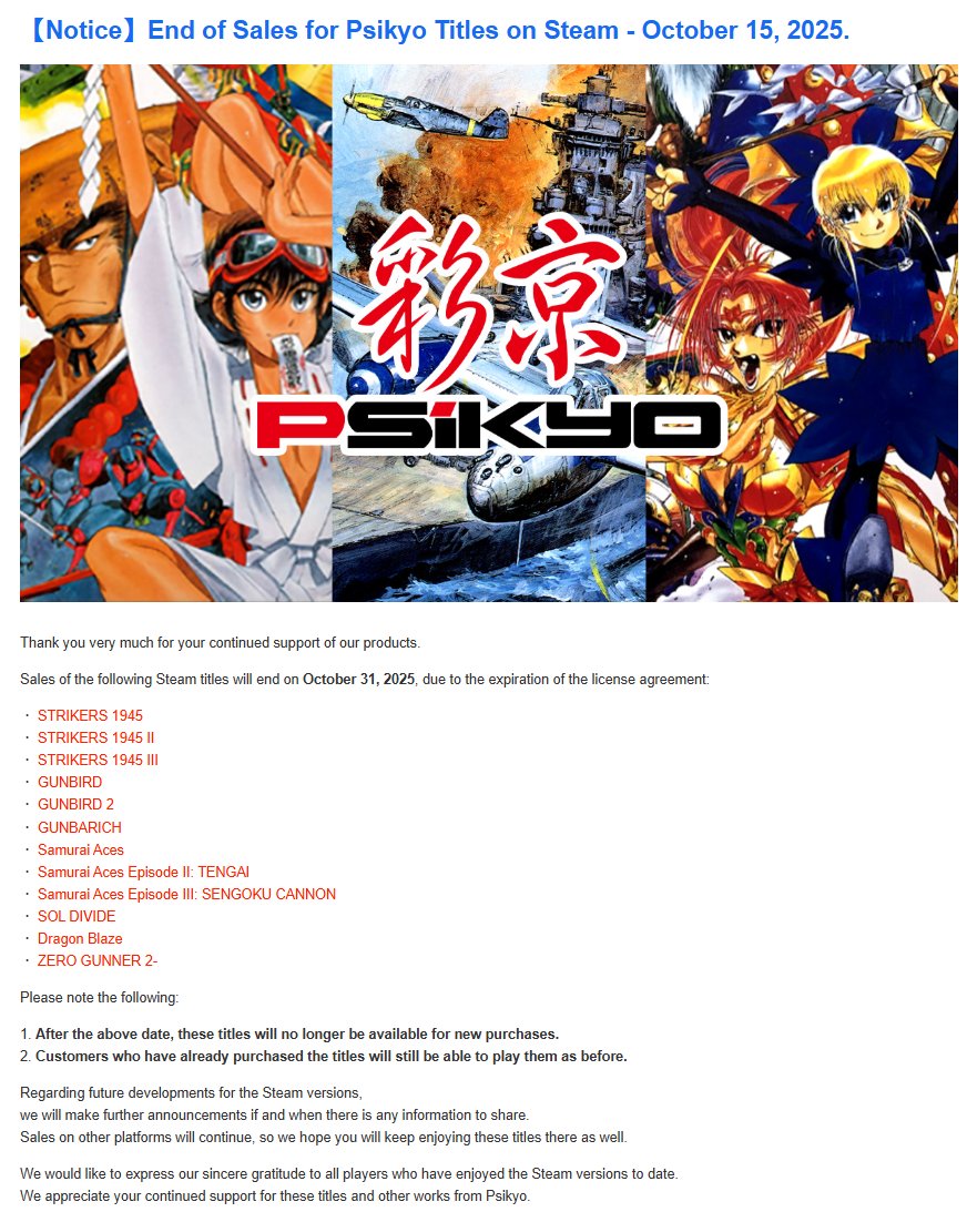 Wario64's tweet image. Psikyo titles will delist on Steam on Oct 31 due to expiration of license agreement 

-STRIKERS 1945
-STRIKERS 1945 II
-STRIKERS 1945 III
-GUNBIRD
-GUNBIRD 2
-GUNBARICH
-Samurai Aces + Ep 2 + Ep 3
-SOL DIVIDE
-Dragon Blaze
-ZERO GUNNER 2

psikyo-portal.com/notice_251015.…