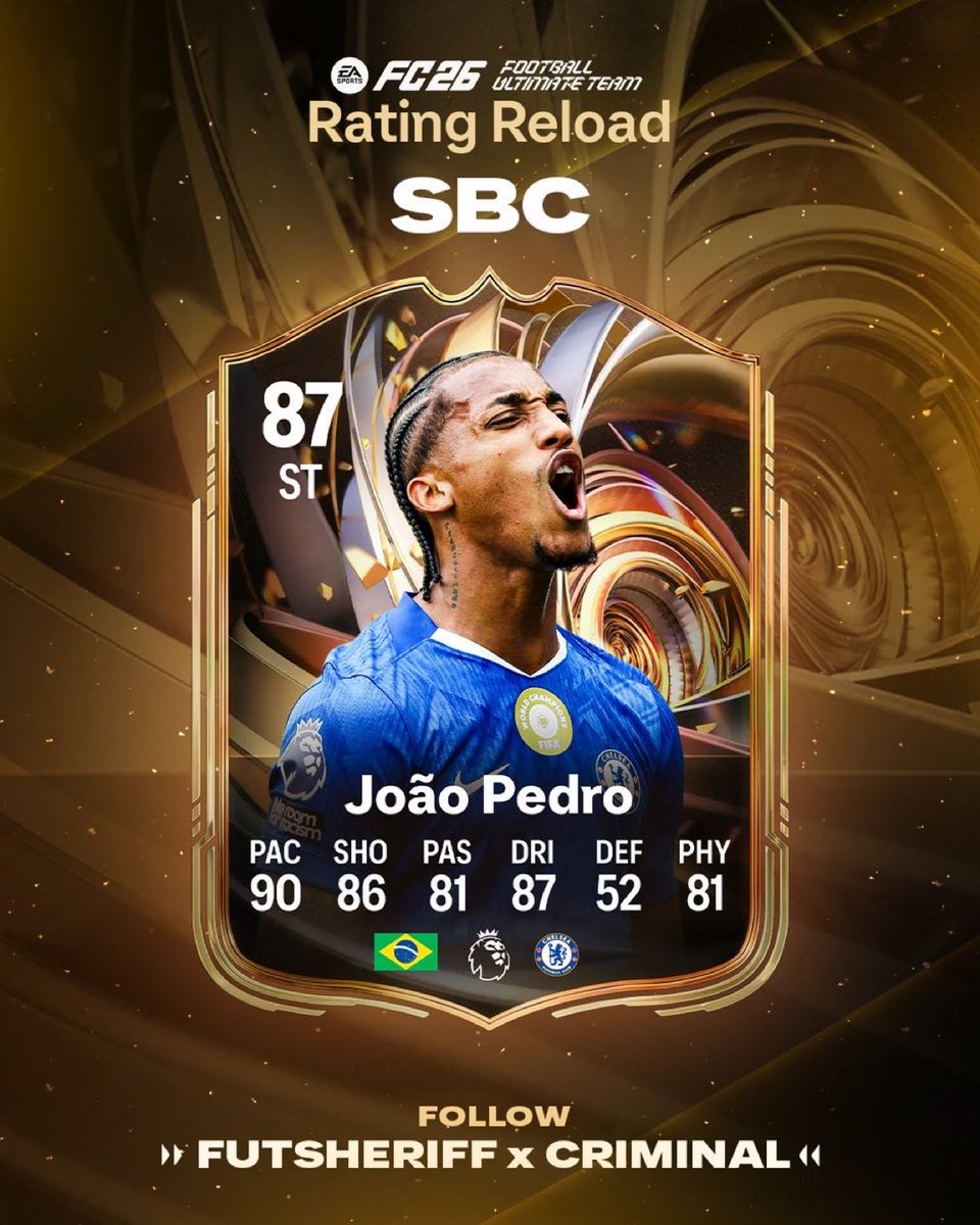 Fjb06fut's tweet photo. Joao Pedro 🇧🇷 vendrá como SBC🧩 en Rating Reload 2👀

Probablemente lo tengamos este viernes🔥

Veremos a ver qué PS le añaden porque su carta oro solo tiene Rapid...

#EAFC26 #RatingsReload https://t.co/77xcfBrTot