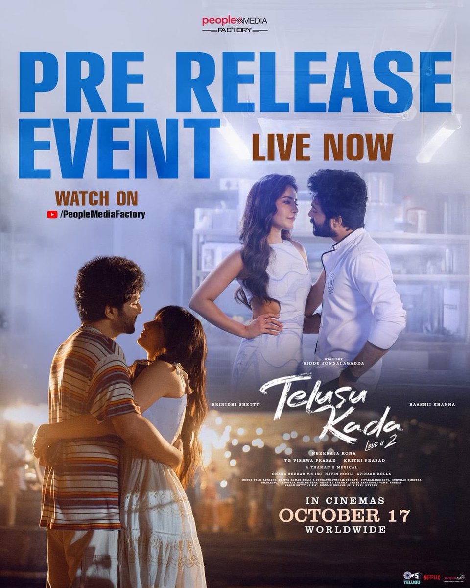 Lets OTT x CINEMA (@letsottxcinema) on Twitter photo Watch the #TelusuKada Grand pre-release event live now ❤🔥
Tune in for an evening loaded with love and surprises 🤩
▶️ youtube.com/live/O9YIYZNuS…
#TelusuKada in cinemas October 17th.
#LoveU2 #UnapologeticallyRadical
STAR BOY <a href="/Siddubuoyoffl/">Siddhu Jonnalagadda</a> <a href="/NeerajaKona/">Neerajaa Kona</a> #RaashiiKhanna Watch the #TelusuKada Grand pre-release event live now ❤🔥
Tune in for an evening loaded with love and surprises 🤩
▶️ youtube.com/live/O9YIYZNuS…
#TelusuKada in cinemas October 17th.
#LoveU2 #UnapologeticallyRadical
STAR BOY <a href="/Siddubuoyoffl/">Siddhu Jonnalagadda</a> <a href="/NeerajaKona/">Neerajaa Kona</a> #RaashiiKhanna