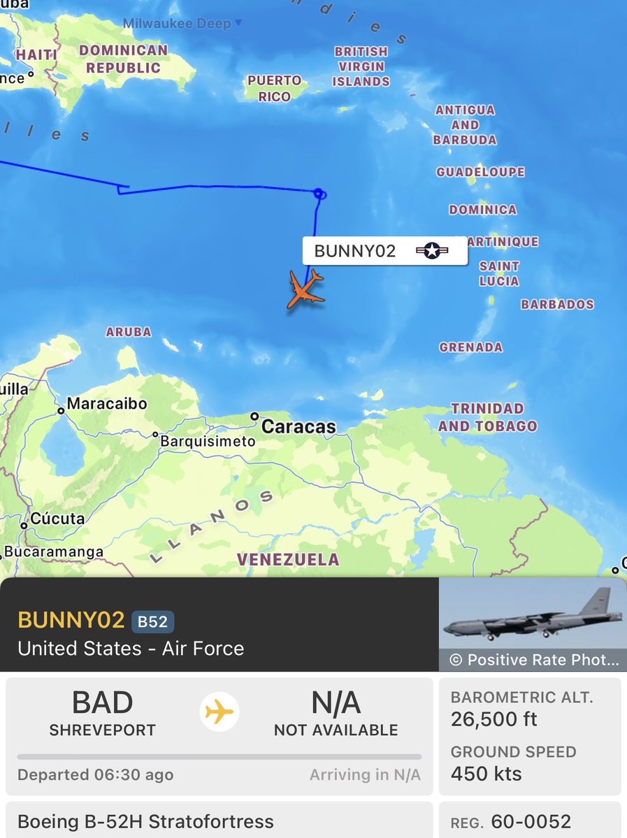 sentdefender's tweet image. The B-52H “Stratofortress” Long-Range Strategic Bombers seen flying earlier over the Caribbean Sea, are now heading south in the direction of Venezuela.