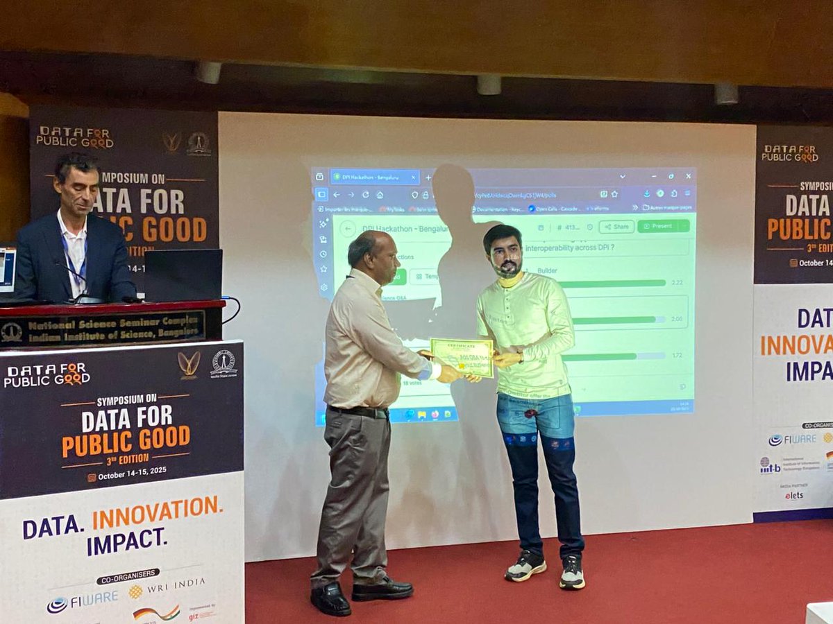 CDPG_IISc's tweet image. A big shout-out to Team Builder — winners of the 2025 Hackathon on Interoperability of Digital Public Infrastructure, held as part of the 3rd Edition of the Symposium on Data for Public Good! 🏆
Over three days (11–13 October 2025), participants from across India, Europe, and…