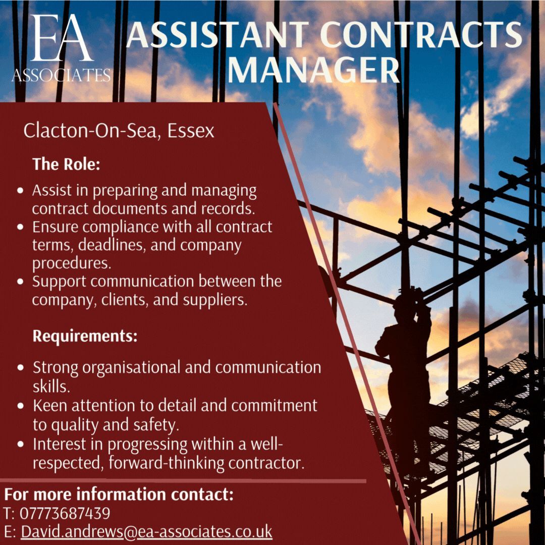 New position available for an Assistant Contracts Manager!!

For more information, please contact David Andrews:

07773 687439
david.andrews@ea-associates.co.uk