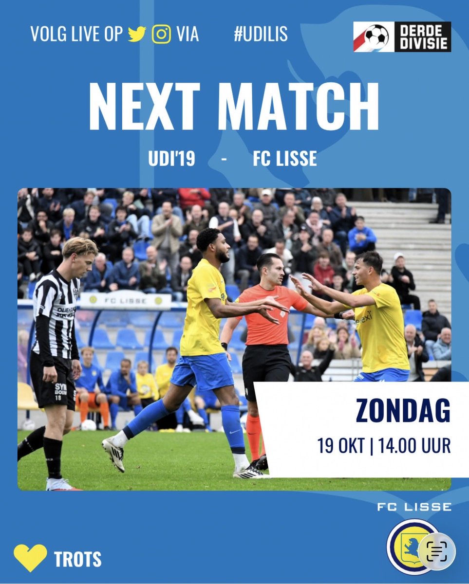 ⚽️ NEXT | Speelronde 10 | <a href="/Derde_Div/">Derde Divisie</a> |  🔴⚪️🔵 ⚔️ 🟡🔵 #fclisse #derdedivisie #udiLIS

In de 10e speelronde speelt FC Lisse zondag een uitwedstrijd tegen <a href="/UDI19/">UDI'19/Swiss Sense</a> 

Aftrap 14.00u op sportpark Parkzicht in Uden 🟡⚽️🔵

Voorbeschouwing van onze JKF
👇🏻
fclisse.nl/voorbeschouwin…
