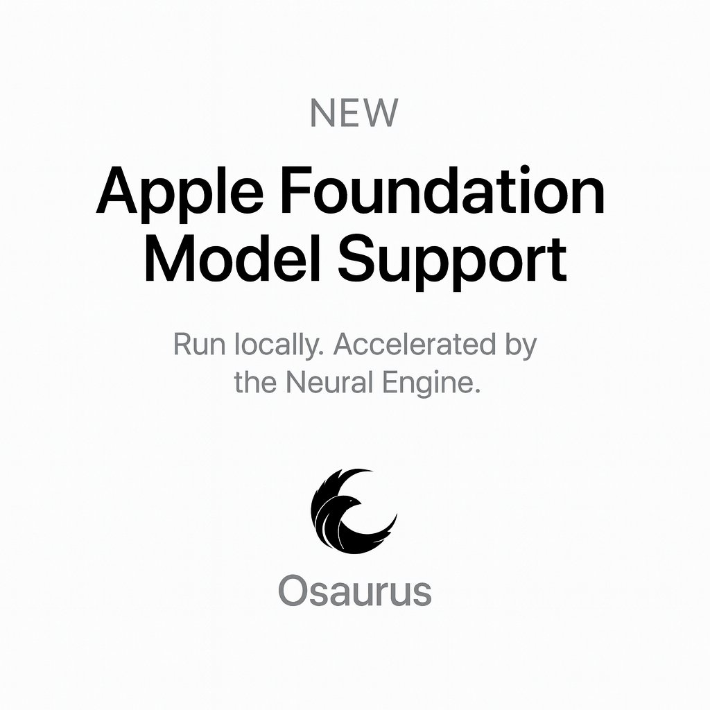 DinokiLabs's tweet image. 🚀 New in Osaurus
Foundation Model Support — powered by Apple Neural Engine.
Run Apple’s latest models locally, no cloud required.

Built for M-series Macs. Ready for the M5 era.

#LocalAI #AppleSilicon #Osaurus