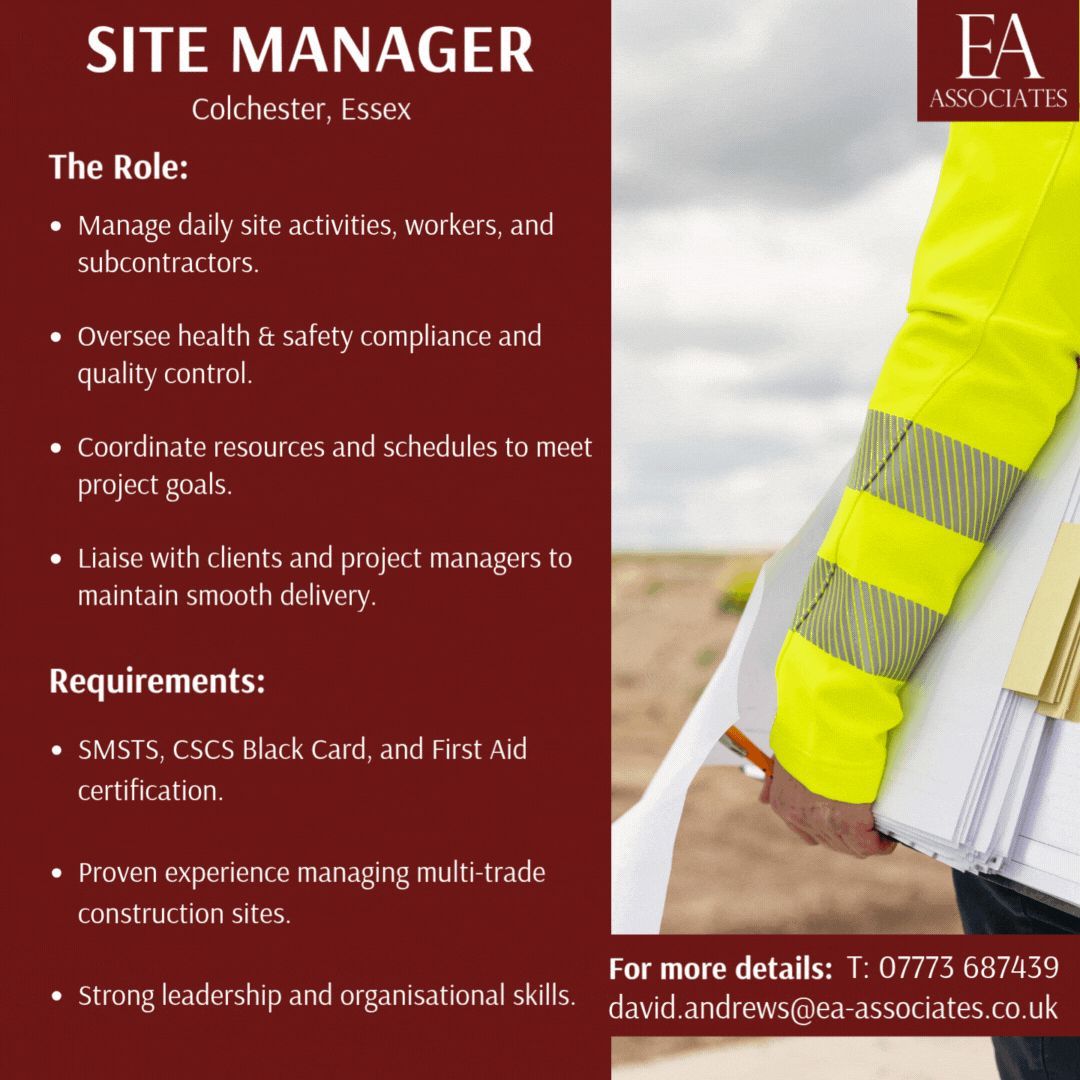 Site Manager position available!! 

For more information, please contact David Andrews:

07773 687439
david.andrews@ea-associates.co.uk