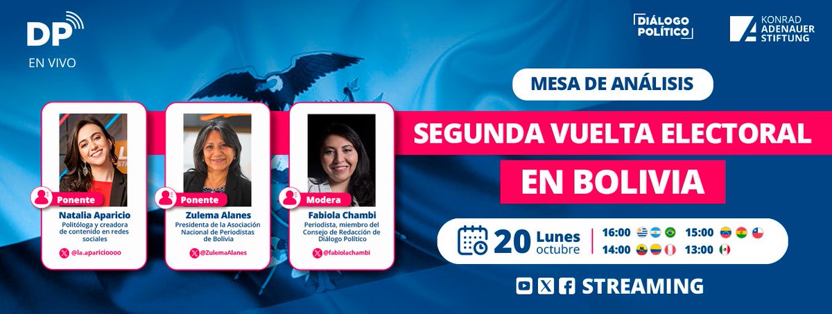 KAS__Bolivia's tweet photo. 🗳️🇧🇴 La Fundación Konrad Adenauer y Diálogo Político te invitan a participar en su Mesa de Análisis Electoral.

🔗 Registro: https://t.co/t8IIFCIKnJ

#KASBolivia #DialogoPolítico #SegundaVuelta #EleccionesBolivia #Democracia #AnálisisElectoral #KAS https://t.co/9qV8FBEPAP