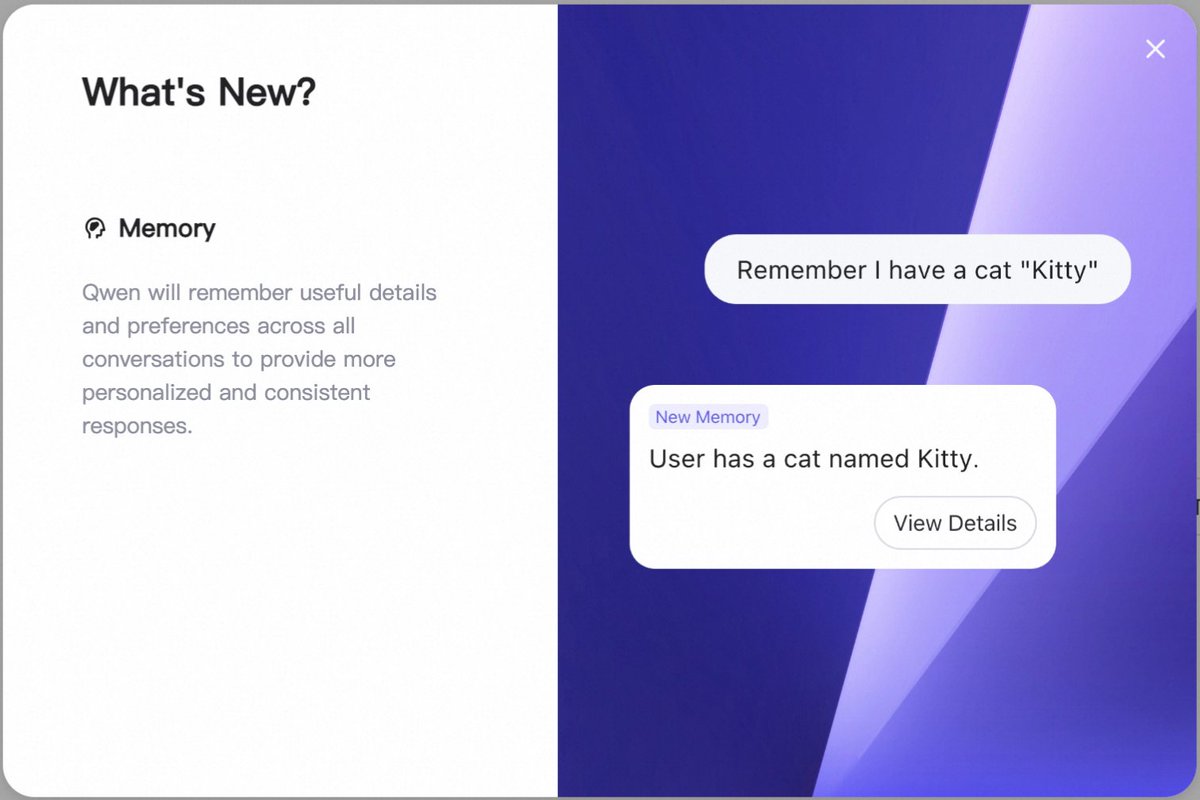 Alibaba_Qwen's tweet image. 🧠 Meet Your AI Memory
Unlock richer, more personal experiences—Qwen Chat Memory uses your context and history to tailor every interaction, so everything feels made just for you.
🔖 Stores meaningful and important memories about you
🔍 Recalls past interaction relevant to the…