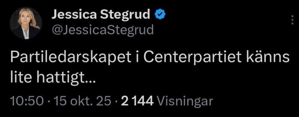 SimonFuglsangSW's tweet image. Anna-Karin Hatt väljer att sluta som partiledare för centerpartiet på grund av hat och hot. En chock för många och väldigt sorgligt.
Då väljer @JessicaStegrud att håna henne.
Oväntat.