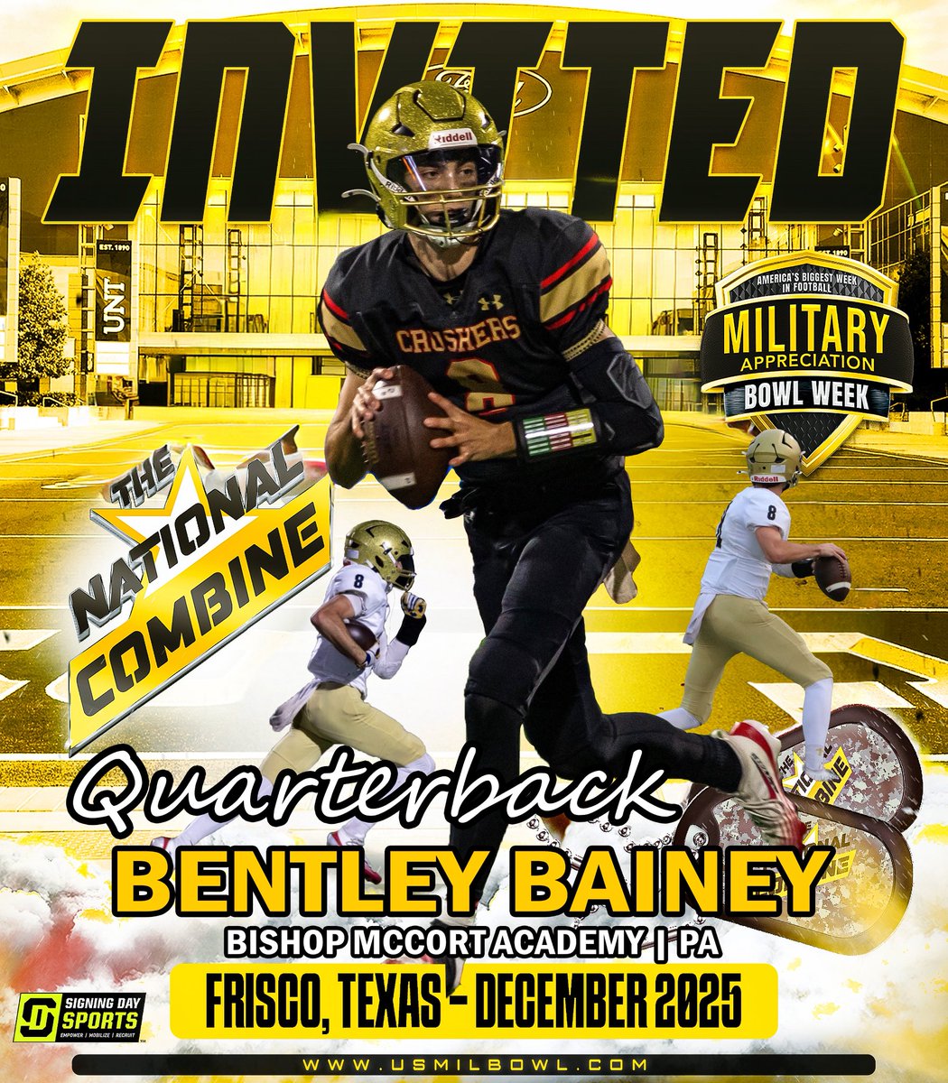 Received my official invite to #TheNationalCombine—thank you <a href="/watchgamefilm/">WatchGameFilm.com</a> ,<a href="/GregCooperUSA/">Sr. Nat’l Director | Military Appreciation Bowl</a> &amp; <a href="/USArmyBowl/">Military Appreciation Bowl Week</a> <a href="/ArmyBowlCombine/">USArmyBowlCombine</a> .
<a href="/CoachHornick/">Timothy Hornick</a> <a href="/TASmith42/">Tom Smith</a> <a href="/CrusherFootball/">McCort-Carroll Catholic Football</a> <a href="/yn_TroySmith/">Troy Smith</a> <a href="/PaFootballNews/">Pennsylvania Football News</a> <a href="/PAPrepVarsity/">PA Prep Varsity</a> <a href="/PrepRedzonePA/">Prep Redzone Pennsylvania</a> <a href="/KevinMoses38/">Kevin Moses LLC</a>