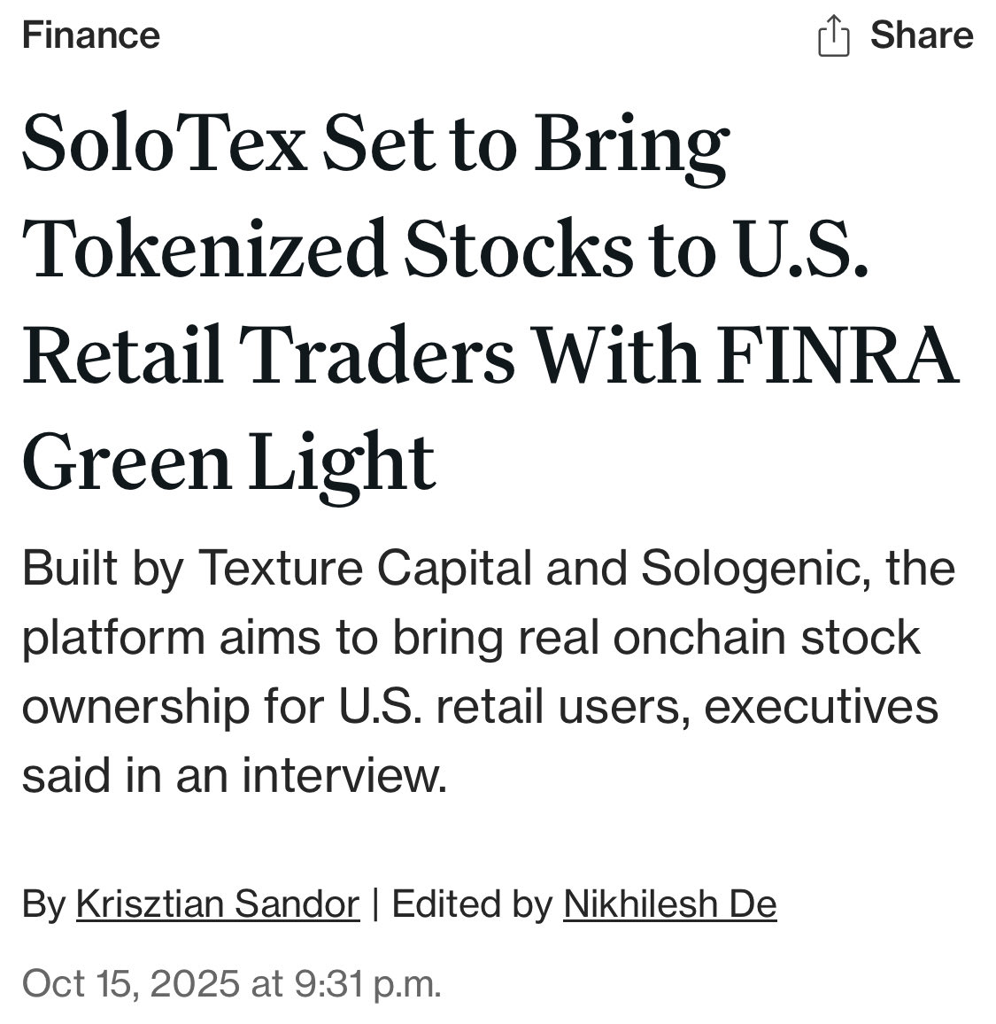 Everyone talked about tokenized stocks.

SoloTex just made it legal in the U.S.

Built by Texture Capital + Sologenic, approved by FINRA.

Each token = real share, real dividends, real ownership.

This is how TradFi quietly enters blockchain.