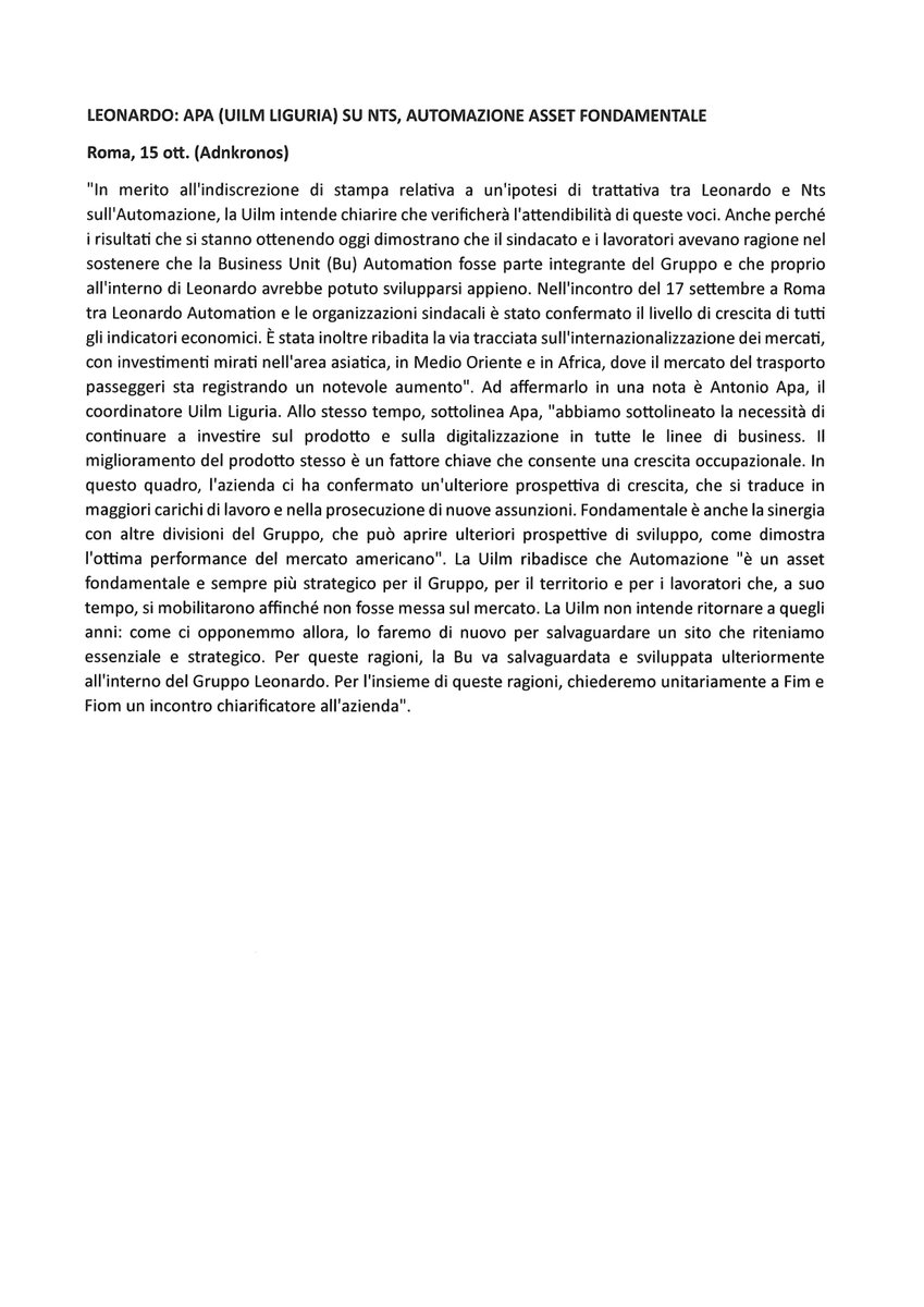 LEONARDO: APA (UILM LIGURIA) SU NTS, AUTOMAZIONE ASSET FONDAMENTALE - da ADNKRONOS