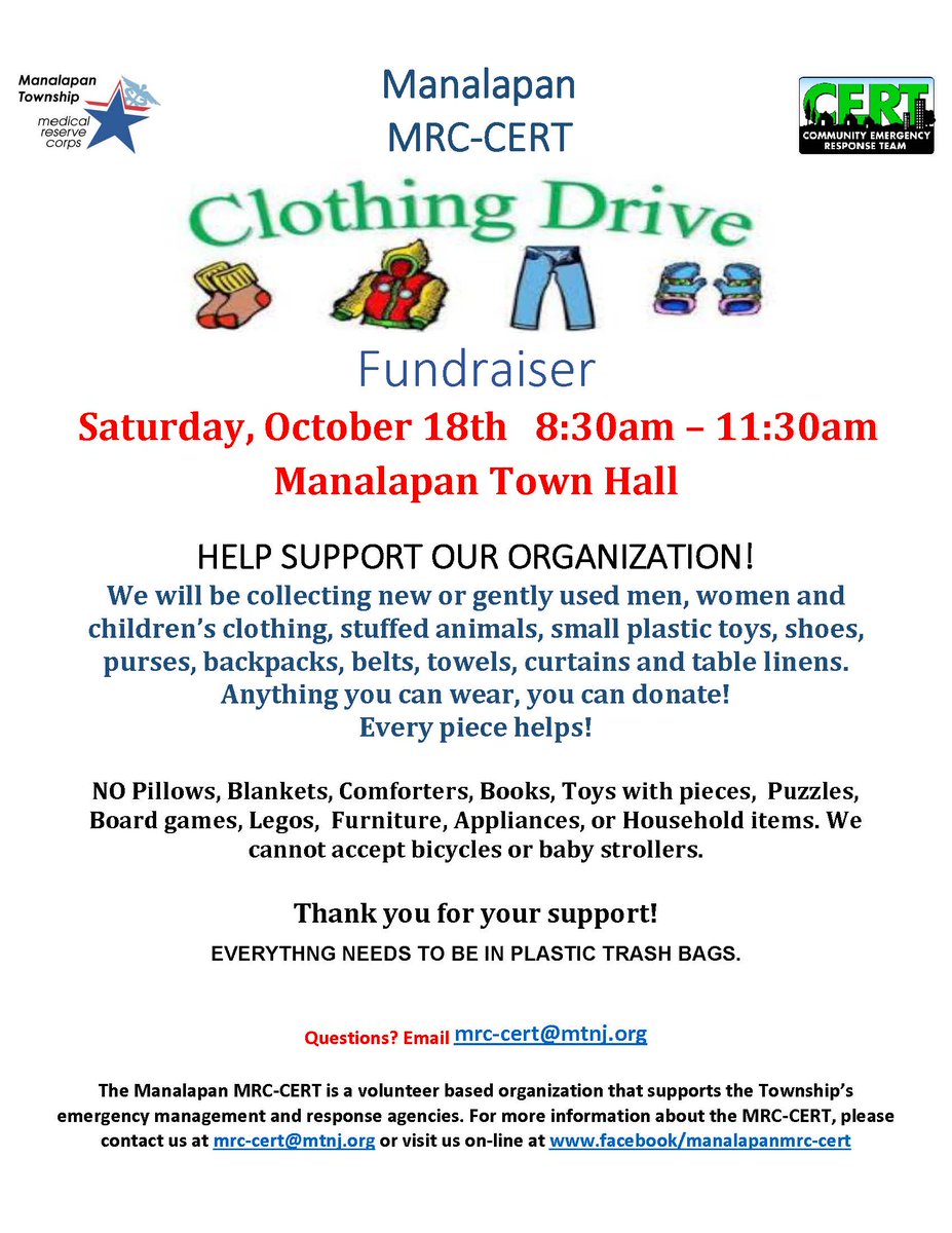 On Saturday, October 18th, the Manalapan MRC-CERT team will be hosting a Clothing Drive in the Town Hall Parking Lot from 8:30am to 11:30 am. Please be sure to put your items in a bag for easy handling.
Every piece helps!