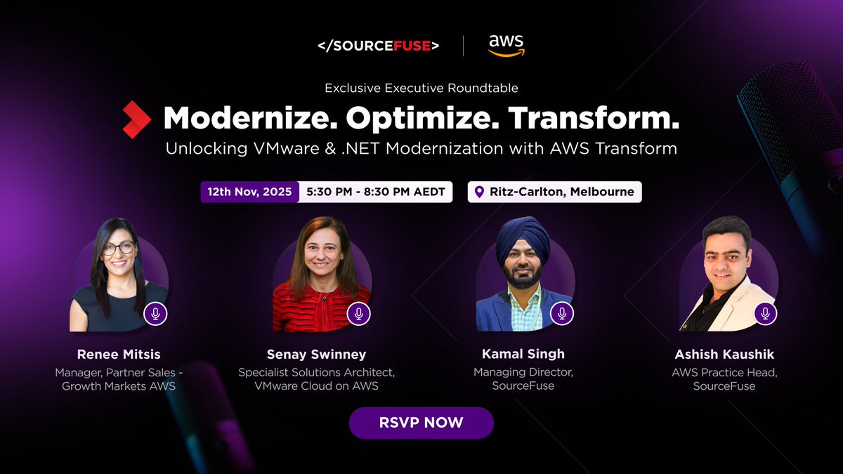 SourceFuse's tweet image. Join SourceFuse + @awscloud in Melbourne to explore how #AgenticAI & AWS Transform are redefining VMware & .NET modernization.
📍 Ritz-Carlton, Melbourne | 🗓️ Nov 12
#AWS #CloudModernization #AI #EnterpriseIT
Register Now - sourcesepstage.wpengine.com/our-company/ne…