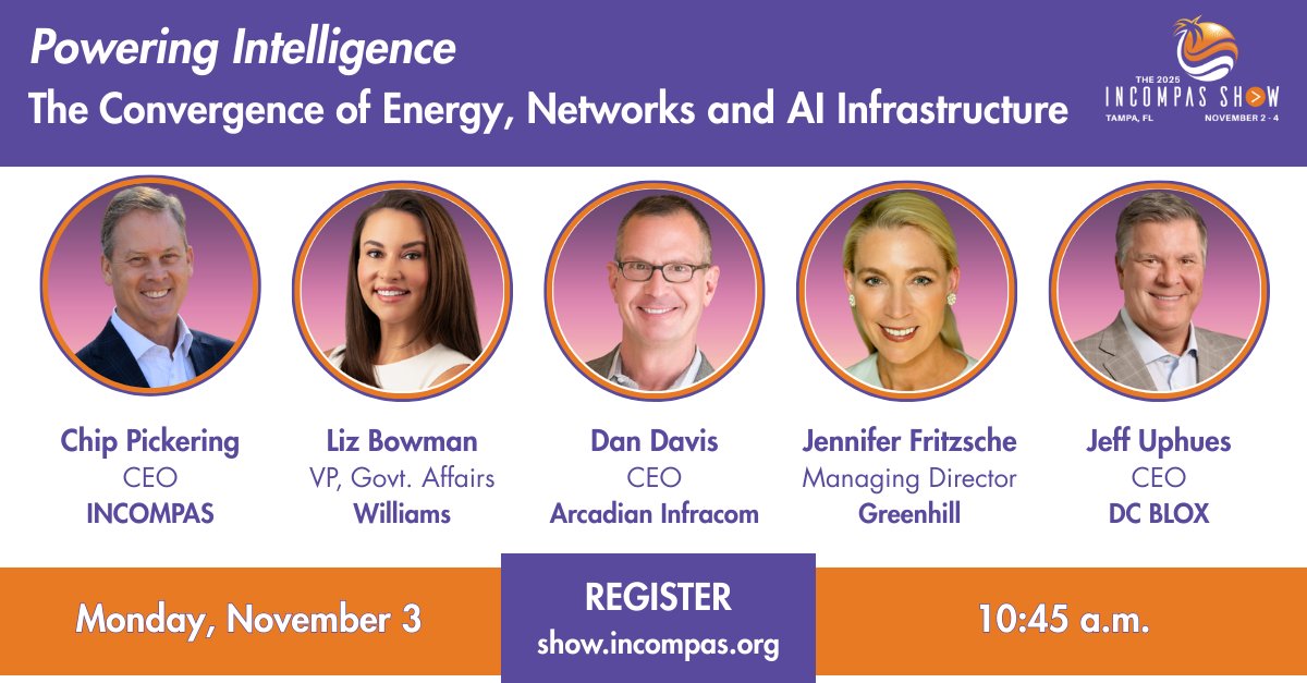 INCOMPAS's tweet image. AI is driving exponential demand for energy and data. But are our networks ready? Join industry leaders from @WilliamsUpdates, @ArcadianFiber, @DCBLOXinc and Greenhill at The 2025 @INCOMPAS Show in Tampa as they explore how smart grids, edge computing and sustainable…