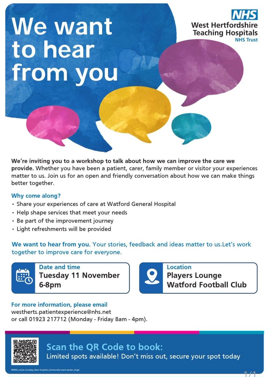 We are hosting a Patient Experience Workshop to gather feedback from patients and local residents about their experiences at the hospital.

Listening to our community is essential in helping us deliver the best possible service.

Scan the QR code to book your place.