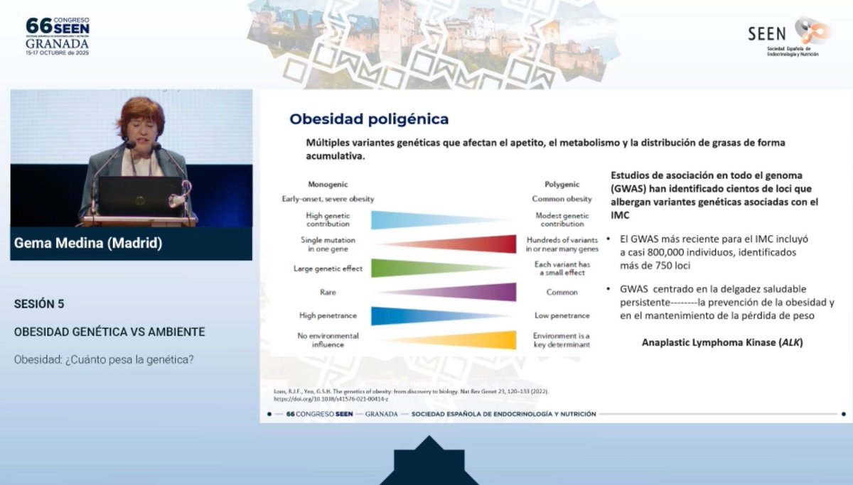 🧬 En el #SEEN2025, Gema Medina destaca cómo cientos de variantes genéticas influyen en el apetito, el metabolismo y la distribución de grasa. La obesidad poligénica es común, pero el ambiente sigue siendo el factor decisivo. #EmbajadorSEEN #GenéticaMetabólica