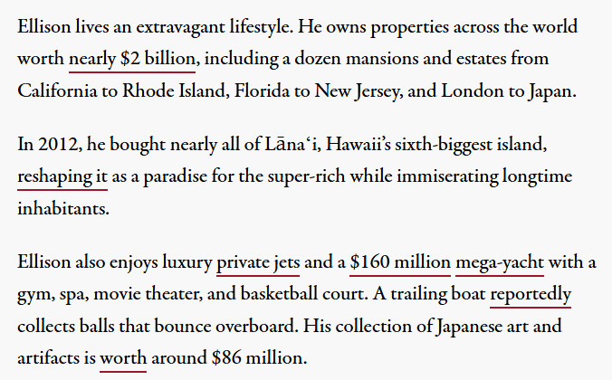 Derek Seidman (@derekseidman80) on Twitter photo Larry Ellison, the megabillionaire oligarch taking over CBS and TikTok, owns $2B in properties, including an entire island in Hawai'i, and a megayacht with another boat trailing to catch basketballs that bounce into the water.
From my <a href="/truthout/">Truthout</a> profile: truthout.org/articles/from-… Larry Ellison, the megabillionaire oligarch taking over CBS and TikTok, owns $2B in properties, including an entire island in Hawai'i, and a megayacht with another boat trailing to catch basketballs that bounce into the water.
From my <a href="/truthout/">Truthout</a> profile: truthout.org/articles/from-…