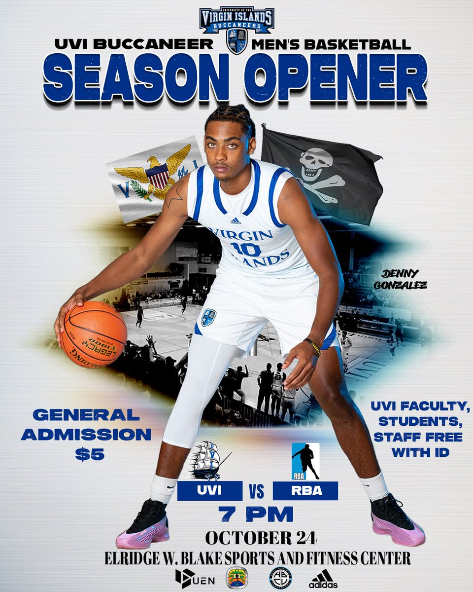 🚨SEASON OPENER‼️

Join us on October 24 as the UVI Men’s basketball team opens up their season at the Elridge Blake Sports and Fitness against the RBA All-Stars.

General Admission $5. UVI Students, Faculty &amp; Staff free with ID!

#SettingTheStandard #BuccUp 
#OneUVI #OneHBCUAC