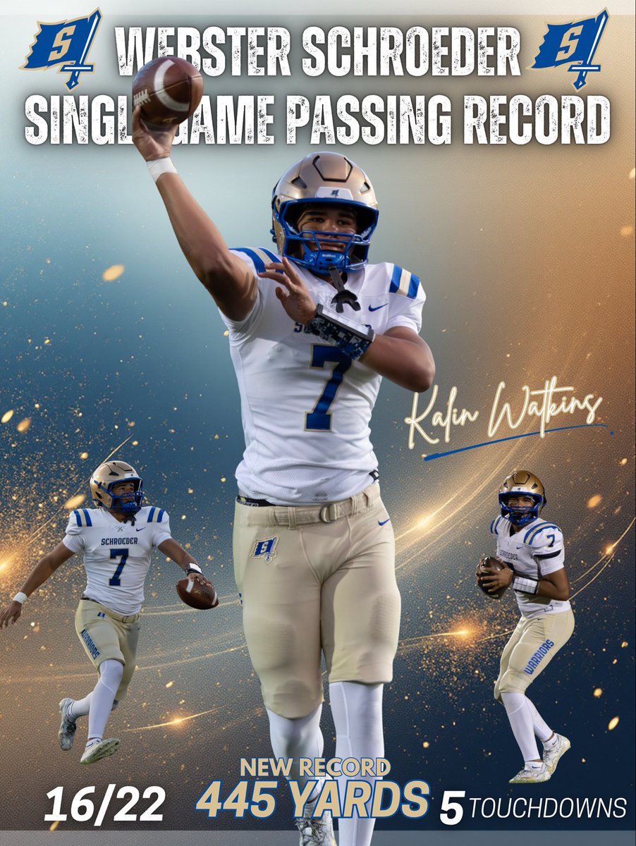 With 445 passing yards against Spencerport, <a href="/KalinW42/">Kalin Watkins</a> broke the <a href="/SchroederFtball/">Schroeder Football</a> Single Game Passing Record, surpassing Warrior great Travis Dear’s (‘20) 410-yard performance vs. Rush-Henrietta in 2019. Congratulations, Junior ! ⚔️🦁🏈💙 #KEEPGOING