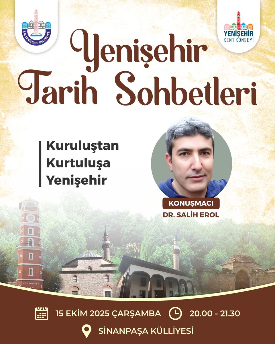 Yenişehir Tarih Sohbetleri’ne davetlisiniz. 

Tarih boyunca pek çok medeniyete ev sahipliği yapmış, Osmanlı’nın ilk başkenti olan güzel ilçemiz Yenişehir’in köklü geçmişine ışık tutacak bir etkinliğe davetlisiniz.

 “Kuruluştan Kurtuluşa Yenişehir” başlıklı Yenişehir Kent Konseyi