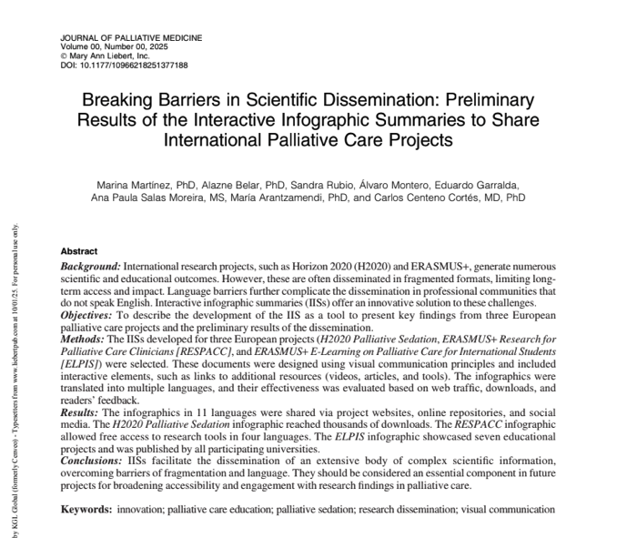 ✨Glad to see our article finally published!✨
“Breaking Barriers in Scientific Dissemination: Preliminary Results of the Interactive Infographic Summaries to Share International Palliative Care Projects.”

🔗bit.ly/43arsl2