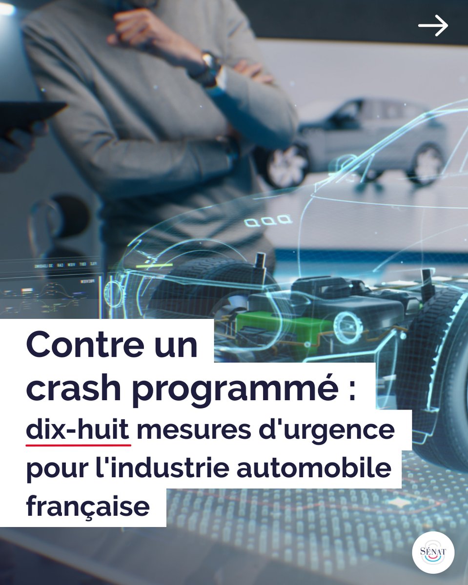 Senat's tweet photo. Ce mercredi, la commission des #AffairesEconomiques a adopté les conclusions de la mission d’information relative à l’avenir de la filière automobile française.

Pilier de l’industrie française, l’industrie automobile est entrée depuis plusieurs mois dans une crise profonde.

Pour les rapporteurs @AlainCadec, @Cardon_Remi  et @JacquemetAnnick, la survie de l’industrie automobile française passera nécessairement par un assouplissement des règles européennes, et notamment le report de l’interdiction de la vente de véhicules thermiques neufs.

@Dominiq_Estrosi