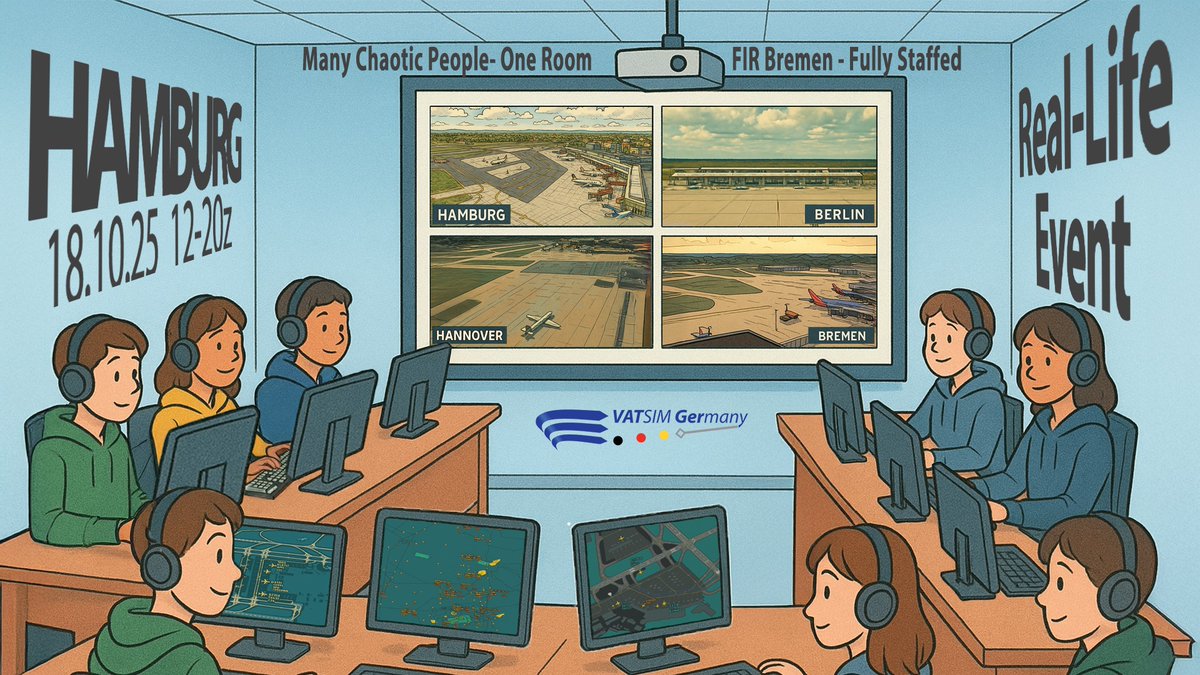 On October 18, 2025: Hamburg becomes a real-life ATC hotspot! 12-20z packed ATC power, full frequencies &amp; event feeling. Join live or online! #VATSIM #VATGER #flightsim