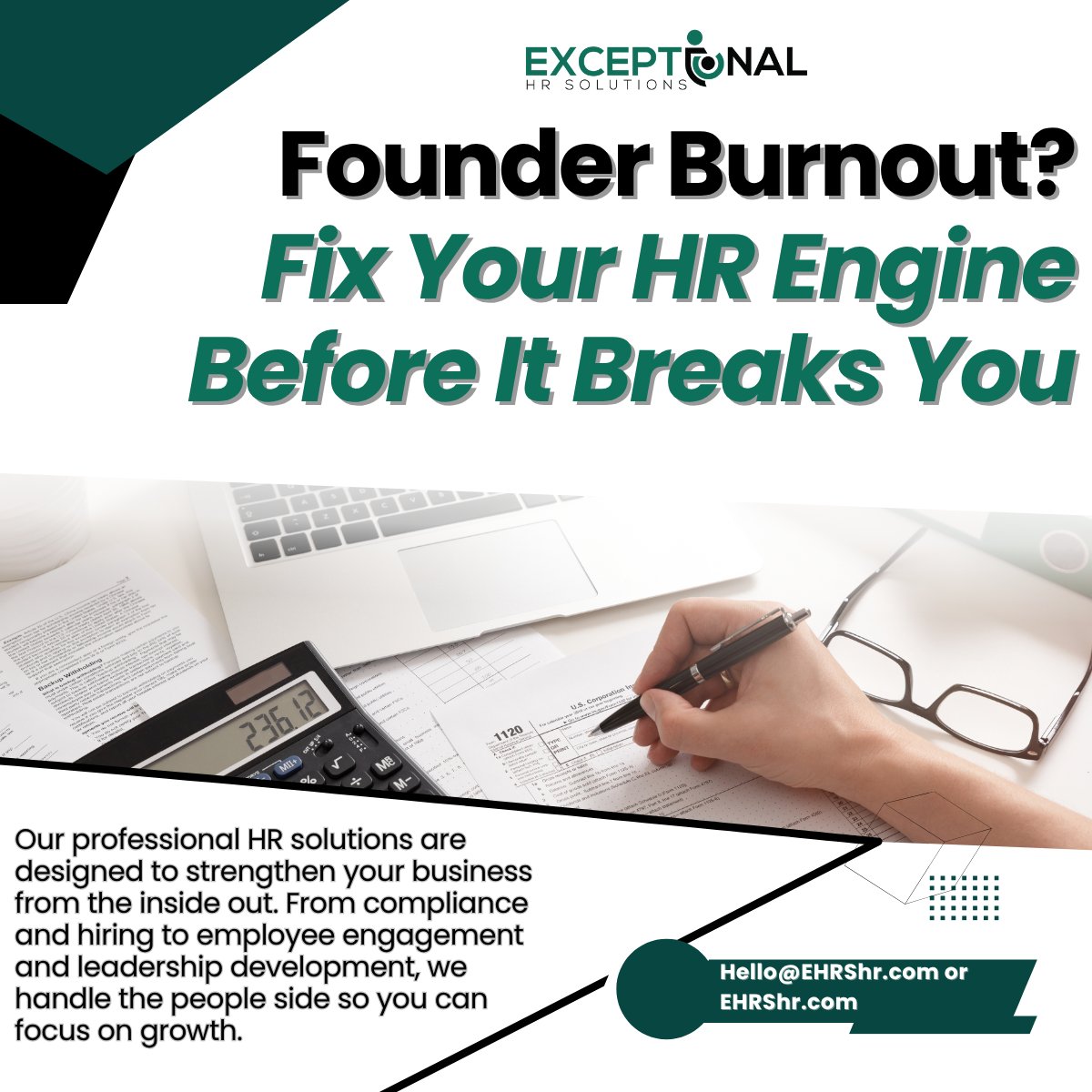 72% of founders report burnout — and 60% say people management is the cause.

We fix that. From compliance and hiring to leadership coaching and retention strategy, we keep your HR engine running.
Hello@EHRShr.com or exceptionalhrsolutions.com/?utm_source=X(…
