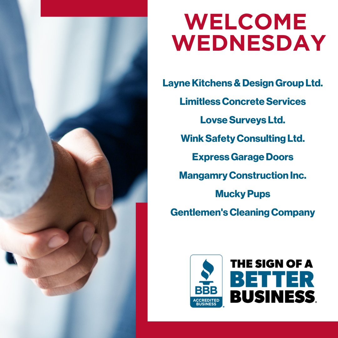 🎉 WELCOME WEDNESDAY! 🎉

Join us in celebrating our newest accredited businesses! These organizations are dedicated to trust, integrity, and creating a more reliable marketplace for all.

#startwithtrust #BBBAlberta #BBBCanada #BBB #TheSignOfABetterBusiness