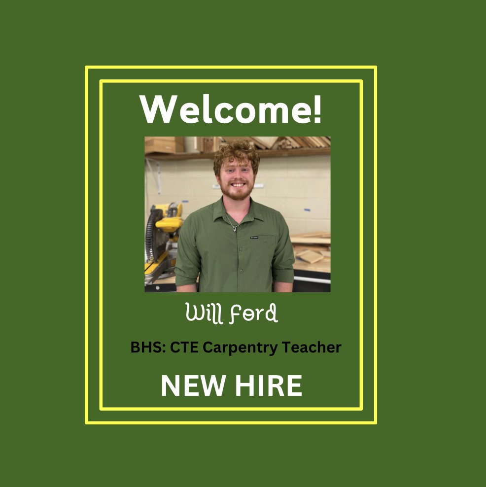 👋Welcome William Ford to BCSD! Will, who graduated from BHS in 2018, is a CTE Carpentry Teacher at BHS. He is looking forward to seeing his students working together on collaborative projects!  #BrewsterPride🐾