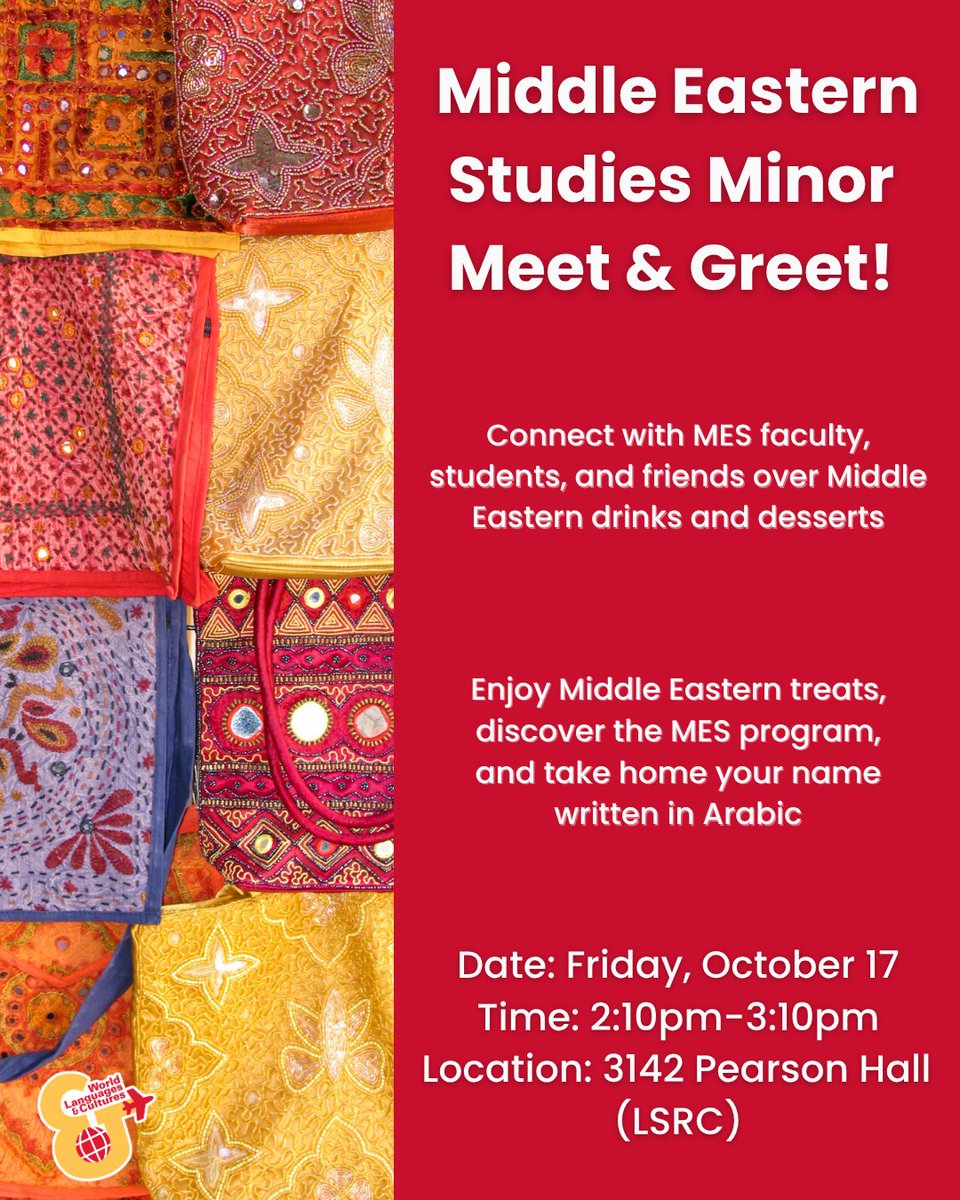WLC_ISU's tweet photo. Stop by the LSRC (Pearson 3142) on Friday, October 17th from 2:10 PM-3:10 PM to learn more about the Middle Eastern Studies minor program, meet MES faculty and enjoy a variety of Middle Eastern treats! https://t.co/RrIfB9koBu