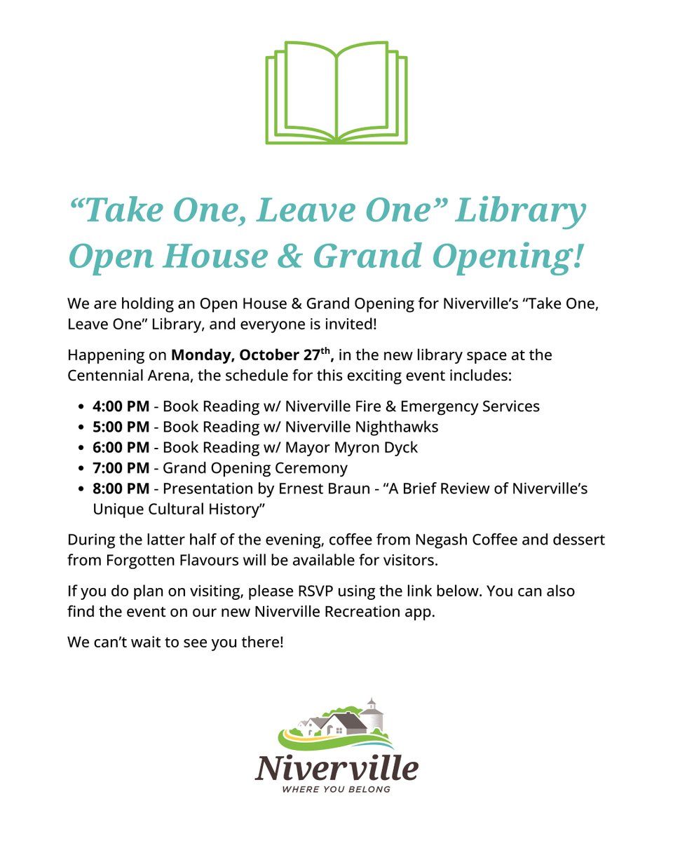 Our "Take One, Leave One" Library Grand Opening &amp; Open House is coming up quickly, and you're invited! Click the link here to learn more: whereyoubelong.ca/2025/09/29/tak…

#TownOfNiverville #WhereYouBelong #LibraryGrandOpening