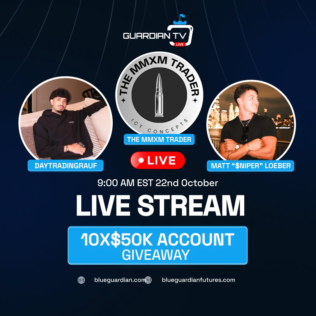 GuardianTvLive's tweet image. Guest LIVE with @theMMXMtrader, @daytradingrauf and @matt_loeber 🔴🎥
9:00 AM EST · 22nd October
Learn ICT concepts from The MMXM Trader, watch live trading, and enter the 10 x $50K account giveaway 🎁
Don’t miss it. Subscribe and set a reminder from the link in bio!