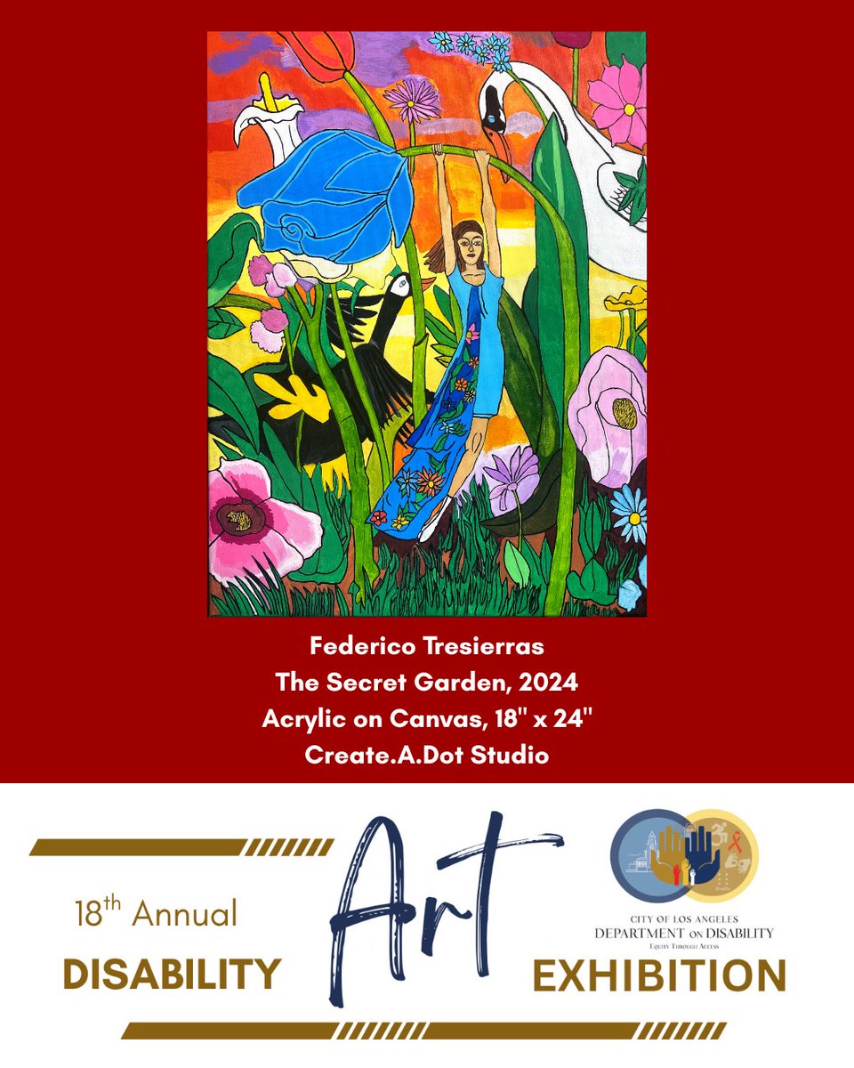 LACDOD's tweet image. &quot;Every flower is a soul blossoming in nature.&quot; - Gérard de Nerval.

Step into a truly magical scene in &quot;The Secret Garden,&quot; by  #CreateA.DotStudio &apos;s Federico Tresierras!

Explore this enchanting world at the #18thDisabilityArtExhibtion! bit.ly/DAE-18

@Culture_LA