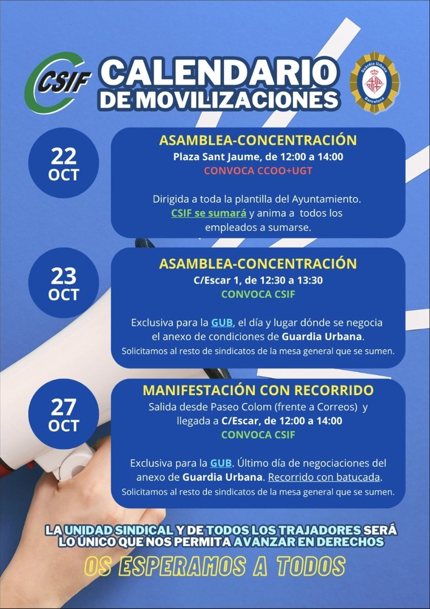 🟢 Calendario de movilizaciones para un convenio digno para los empleados públicos del Ayuntamiento de Barcelona!!